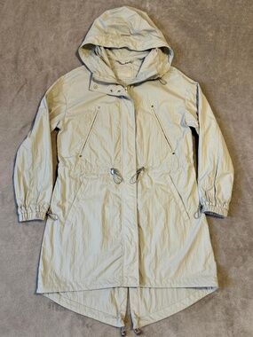 SOIA & KYO Lightweight Rain Jacket - Small - Shell Tan Beige Cinch Waist Hooded